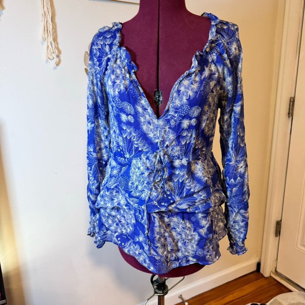 Rebecca Taylor Dandelion Print Silk Blend Lined Ruffle Blouse Size 4